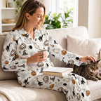 Cozy Cream Halloween Pajamas | Playful Pumpkin & Black Cat Long Sleepwear