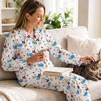 Blue Vintage Floral Cotton Jersey Pajamas | Botanical Long Sleeve Set S-5XL)