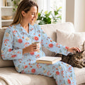 Light Blue Floral Cotton Jersey Pajama Set | Long Sleeve Rose Print PJs S-5XL