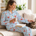 Light Blue Floral Cotton Jersey Pajama Set | Long Sleeve Rose Print PJs S-5XL