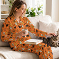 Orange Halloween Pajama Set / Spooky Long Sleeve PJs/Black Cat & Ghost Sleepwear