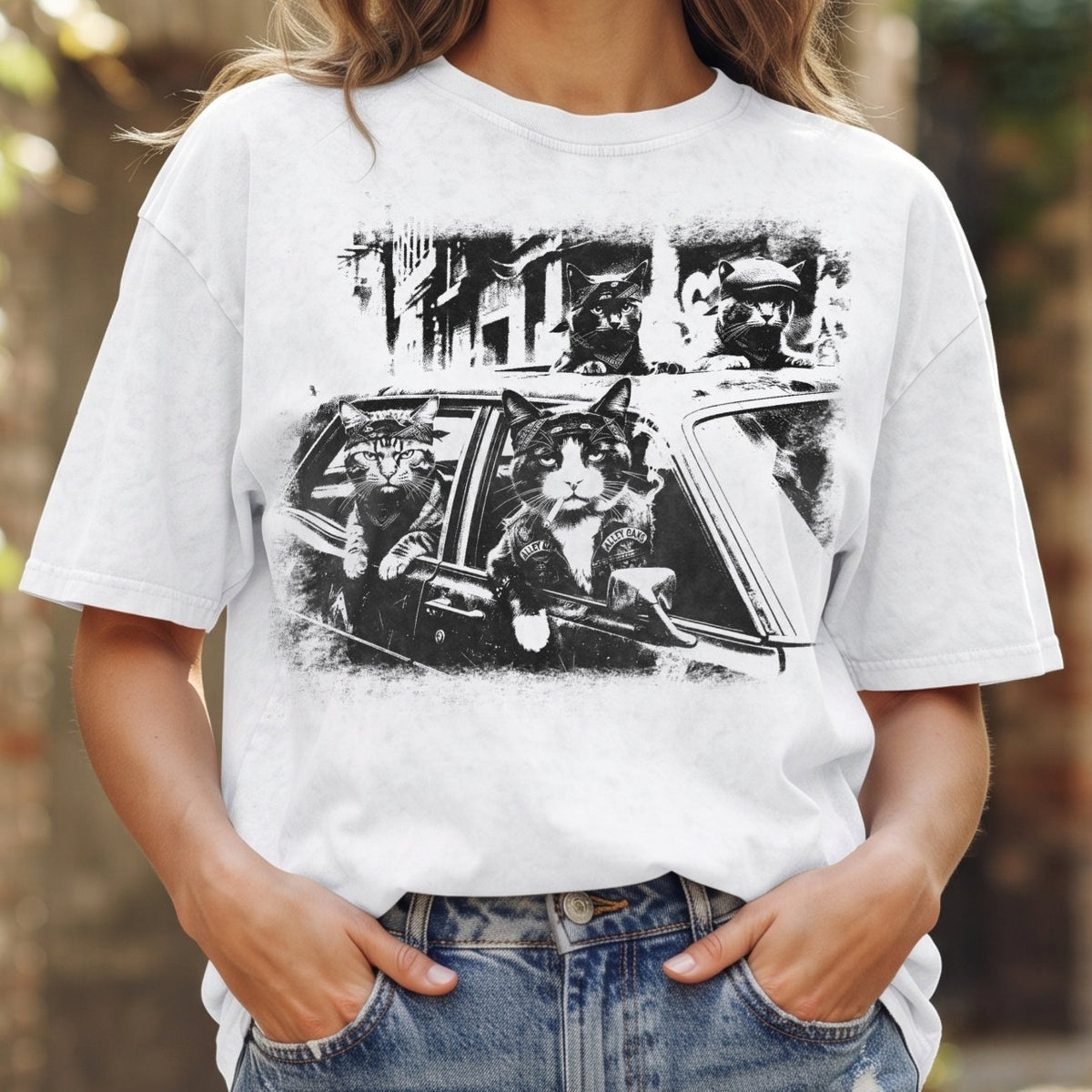 Gangster Cats in Car T-Shirt, Funny Cat Retro Graphic Shirt, Top