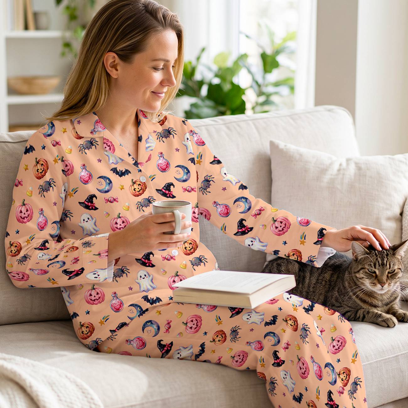 Cute Pastel Halloween Cotton Jersey Pajamas | Spooky Pink Pumpkin Pants Set S-5XL