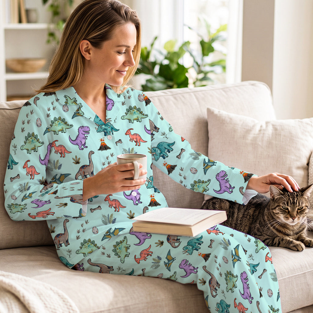 Dino World Long Pajamas | Soft Cotton Mint Green Cartoon Dinosaur Sleepwear Set