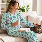Dino World Long Pajamas | Soft Cotton Mint Green Cartoon Dinosaur Sleepwear Set