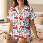 Cute Red Crab Striped Cotton Jersey Pajamas | Coastal Beach Short & Long Sleepwear Set