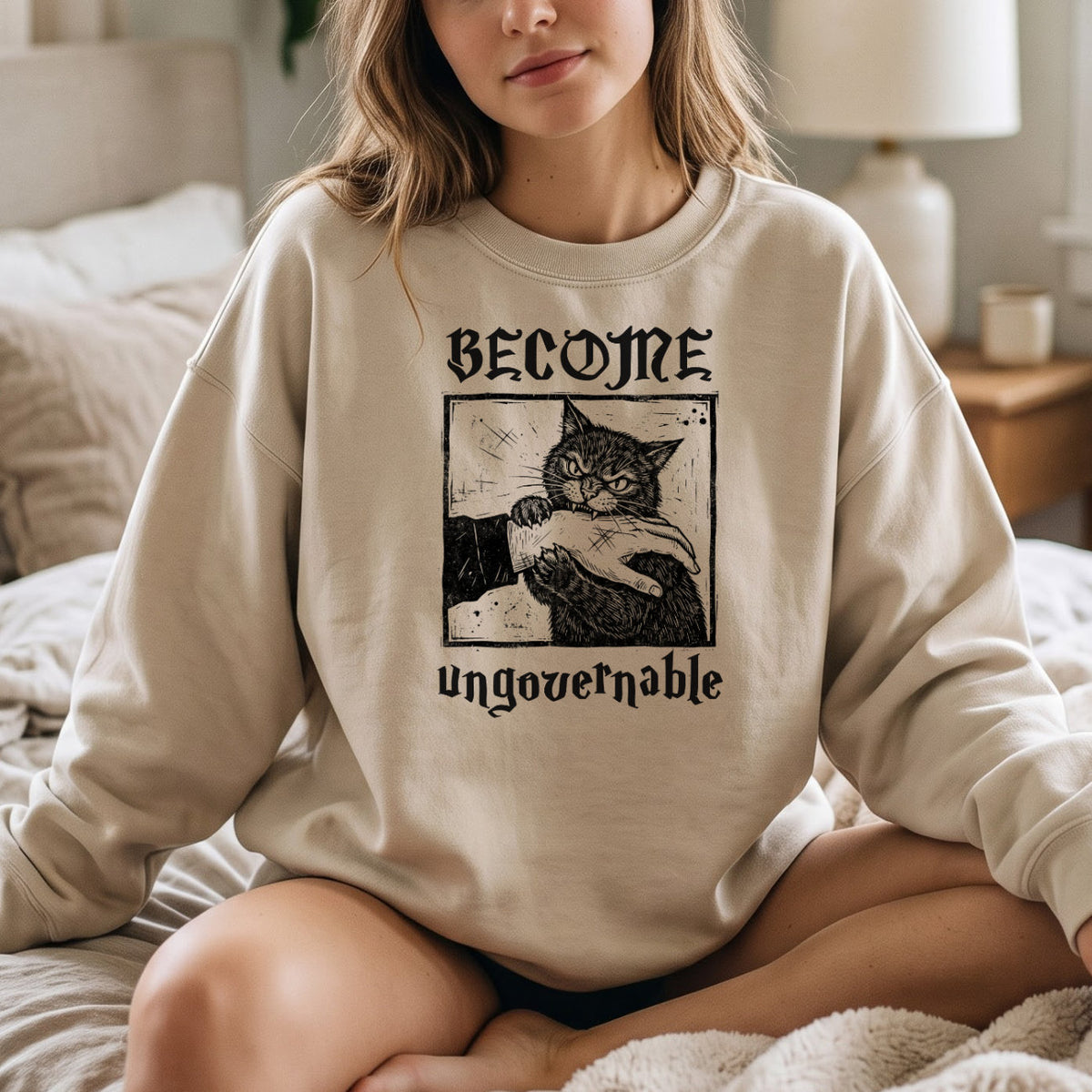 Become Ungovernable Cat Sweatshirt, Funny Cat Biting Hand Sweater