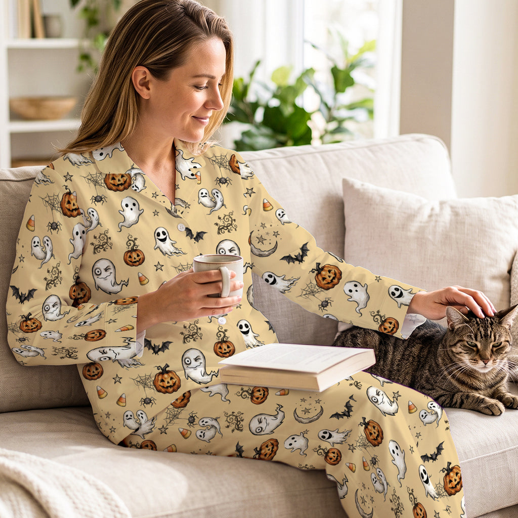 Cute Halloween Ghosts Cotton Jersey Pajamas | Cozy Cream Spooky PJs S-5XL
