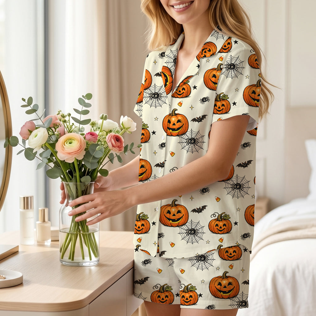 Spooky Jack-o'-Lantern Cream Pajama Set | Cozy Cotton Spiderweb Shorts Sleepwear