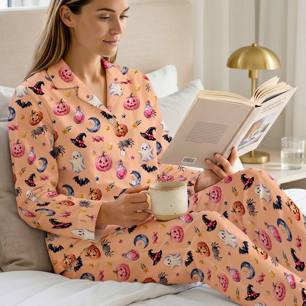 Cute Pastel Halloween Cotton Jersey Pajamas | Spooky Pink Pumpkin Pants Set S-5XL