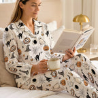 Cozy Cream Halloween Pajamas | Playful Pumpkin & Black Cat Long Sleepwear