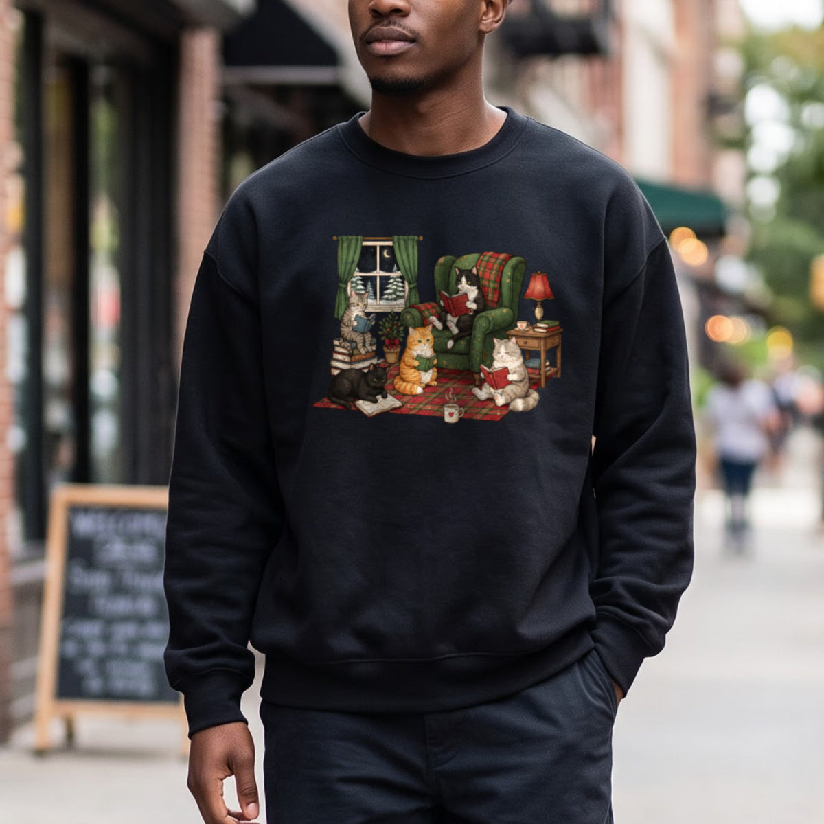 Cozy Reading Cats Sweatshirt, Cute Cat Books Holiday Sweater, Xmas