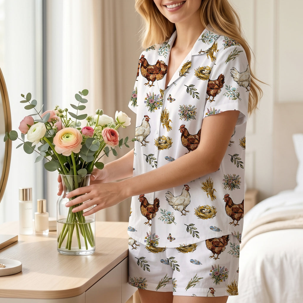 Cute Chicken Print Cotton Jersey Pajamas | Short Sleeve Farmhouse Shorts Set