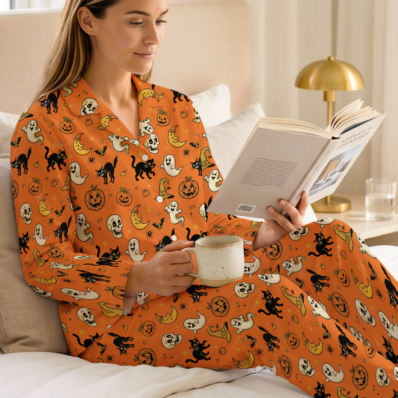 Orange Halloween Pajama Set / Spooky Long Sleeve PJs/Black Cat & Ghost Sleepwear