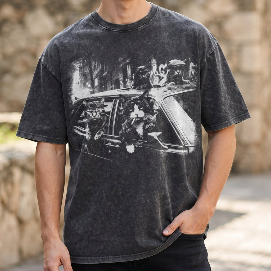 Gangster Cats in Car T-Shirt, Funny Cat Retro Graphic Shirt, Top
