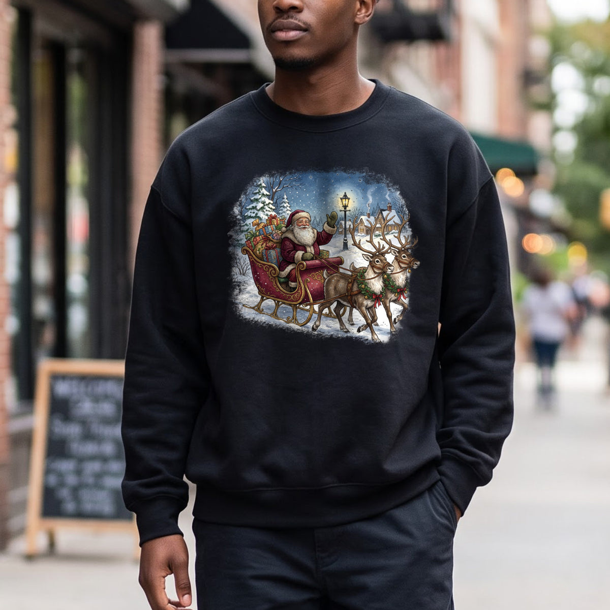 Santa Sleigh Reindeer Christmas Sweatshirt, Xmas Holiday Sweater
