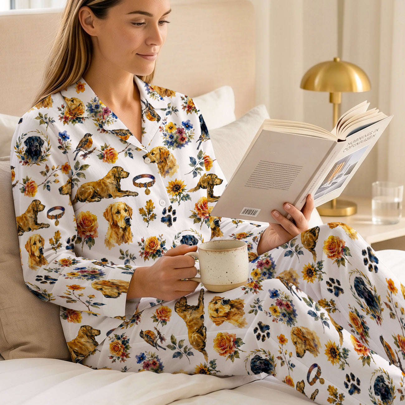Cute Golden Retriever Cotton Jersey Pajama Set | Long Sleeve Dog Lover PJs S-5XL