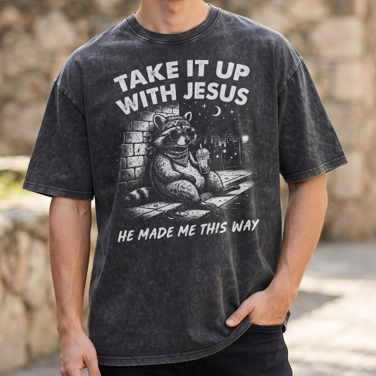 Grunge Raccoon Holding Bubble Tea Shirt, Take It Up With Jesus Tee (PB100926-5)