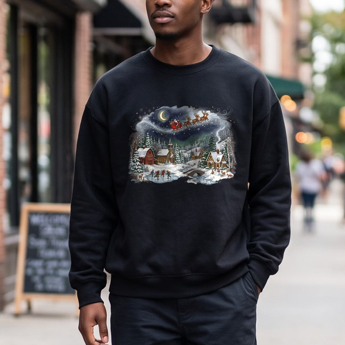 Santa Sleigh Winter Village Christmas Sweatshirt, Holiday Top