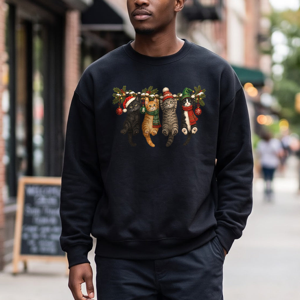 Hanging Cats Christmas Sweatshirt, Cute Kitty Holiday Sweater, Xmas