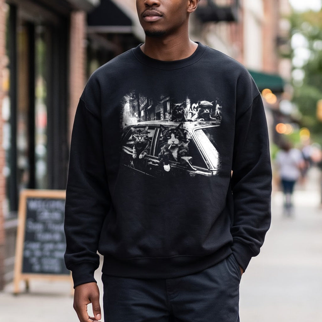 Gangster Cats in Car Sweatshirt, Funny Cat Retro Graphic Top