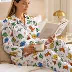 Dino World Pajama Set | Soft Cotton White Cartoon Dinosaur Long Sleepwear