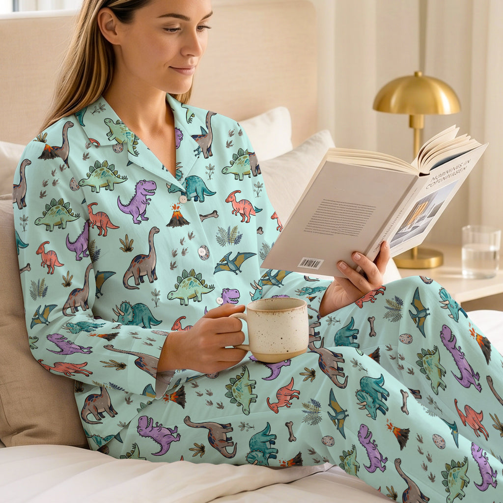 Dino World Long Pajamas | Soft Cotton Mint Green Cartoon Dinosaur Sleepwear Set