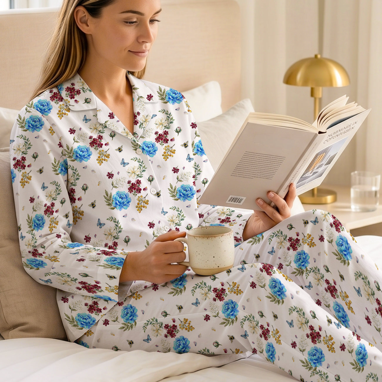 Blue Vintage Floral Cotton Jersey Pajamas | Botanical Long Sleeve Set S-5XL)