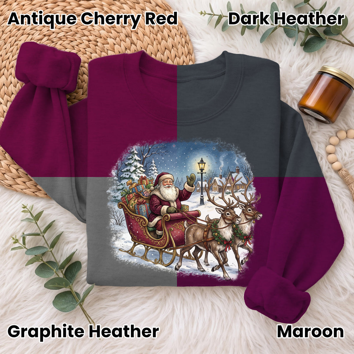 Santa Sleigh Reindeer Christmas Sweatshirt, Xmas Holiday Sweater