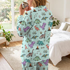 Dino World Long Pajamas | Soft Cotton Mint Green Cartoon Dinosaur Sleepwear Set