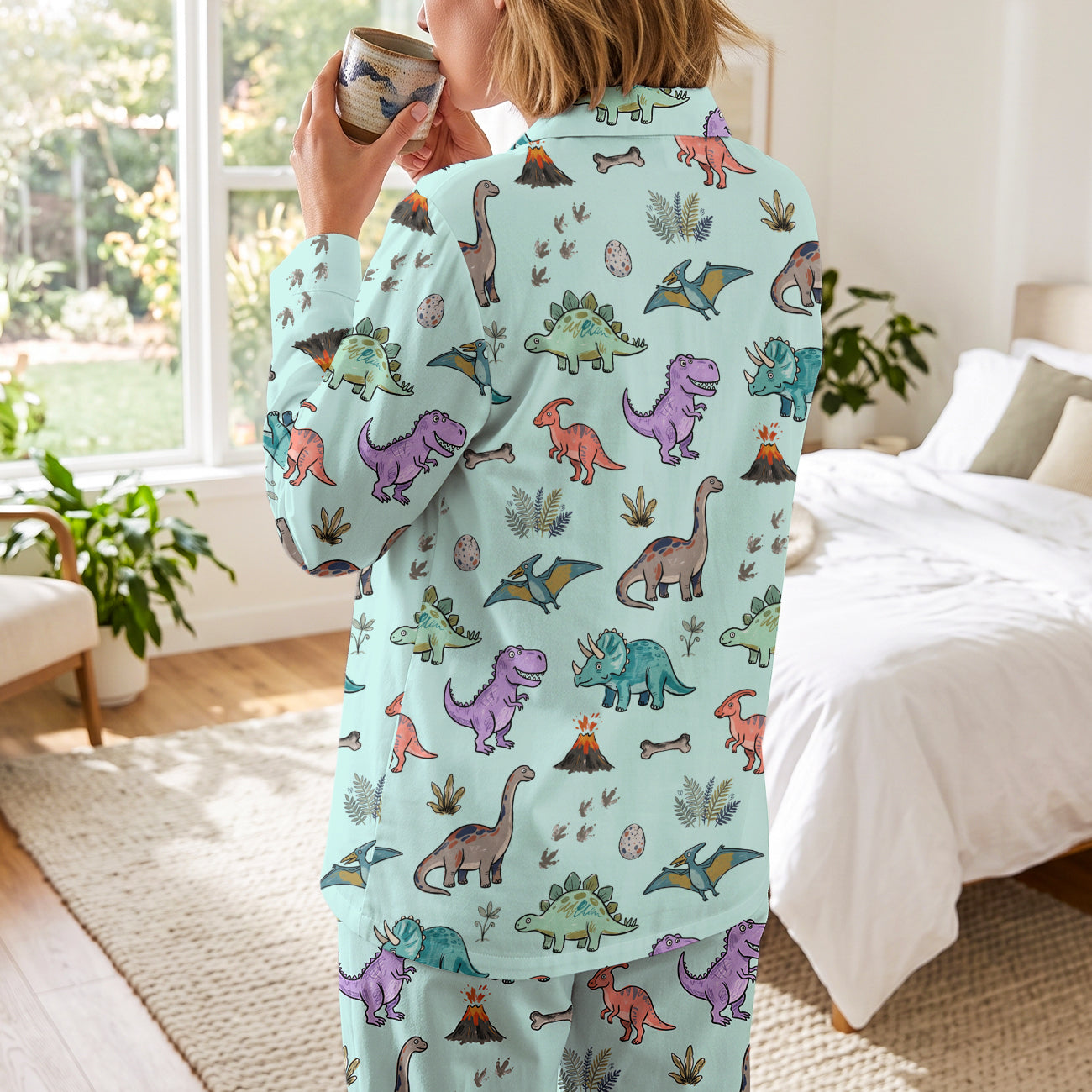Dino World Long Pajamas | Soft Cotton Mint Green Cartoon Dinosaur Sleepwear Set