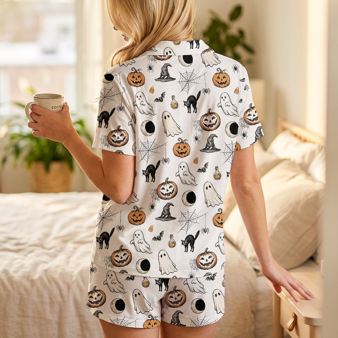 Cute White Halloween Cotton Jersey Pajamas | Spooky Ghost Short Sleeve PJs