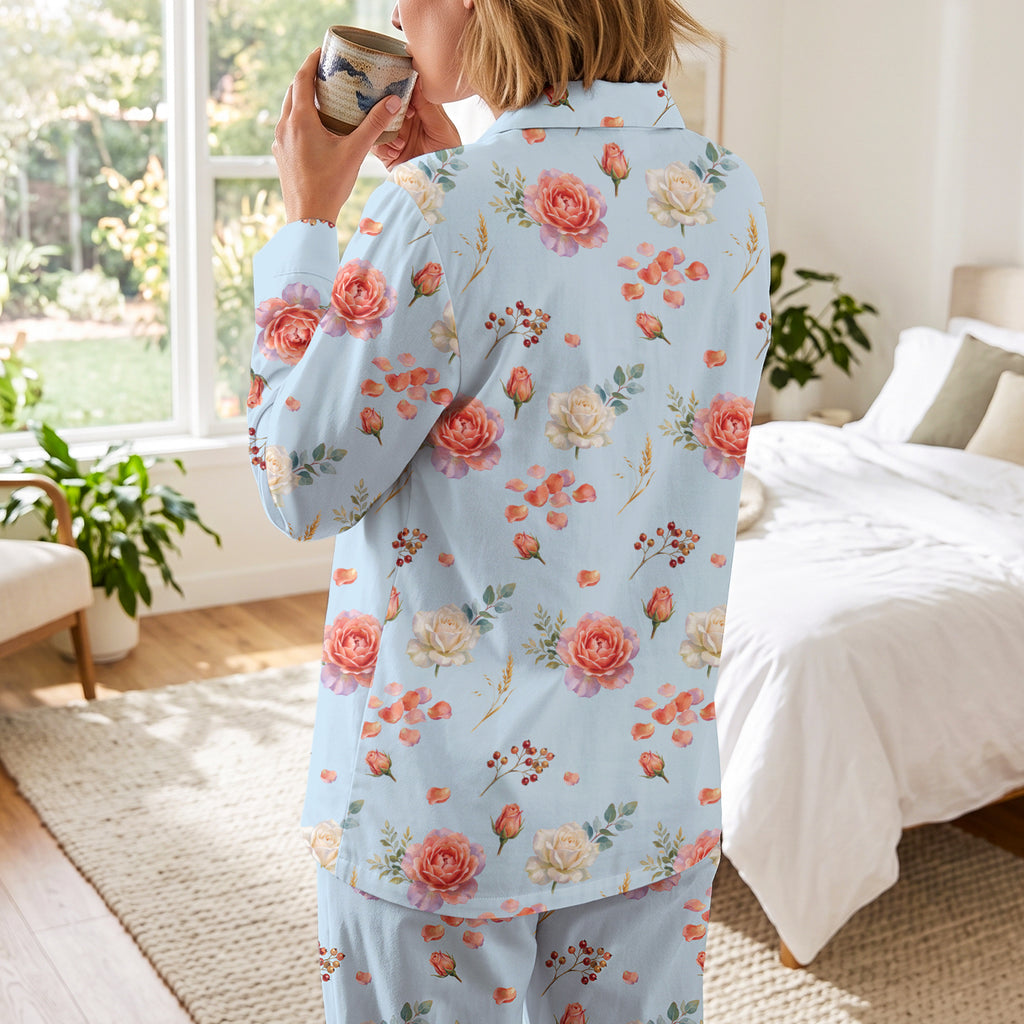 Light Blue Floral Cotton Jersey Pajama Set | Long Sleeve Rose Print PJs S-5XL