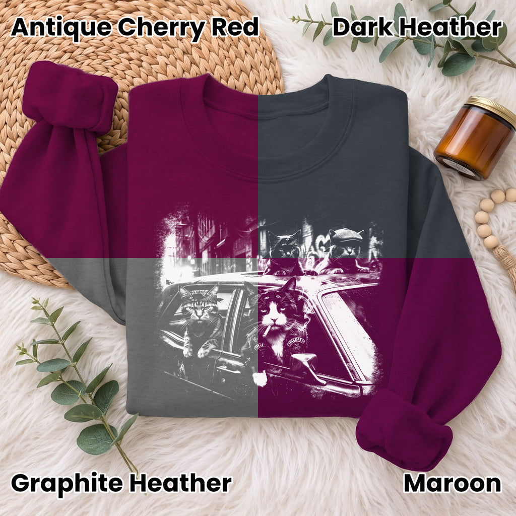 Gangster Cats in Car Sweatshirt, Funny Cat Retro Graphic Top