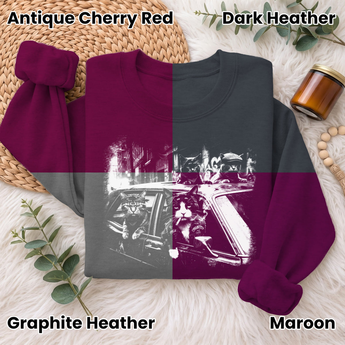 Gangster Cats in Car Sweatshirt, Funny Cat Retro Graphic Top