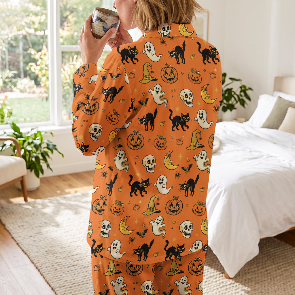Orange Halloween Pajama Set / Spooky Long Sleeve PJs/Black Cat & Ghost Sleepwear