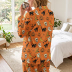 Orange Halloween Pajama Set / Spooky Long Sleeve PJs/Black Cat & Ghost Sleepwear