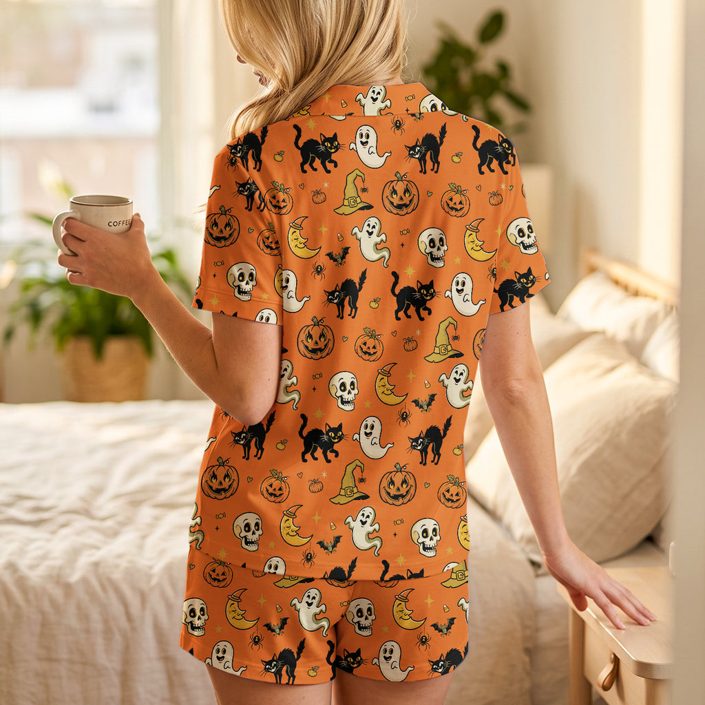 Halloween Pajamas Women - Cotton Jersey Spooky Cat Pumpkin Sleepwear Set