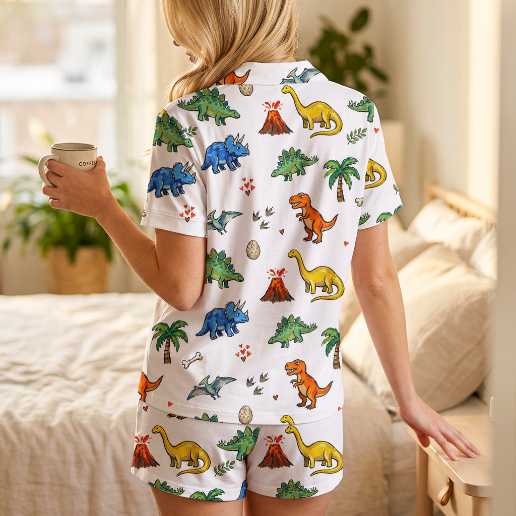 Dino World Pajama Set | Soft Cotton White Cartoon Dinosaur Sleepwear