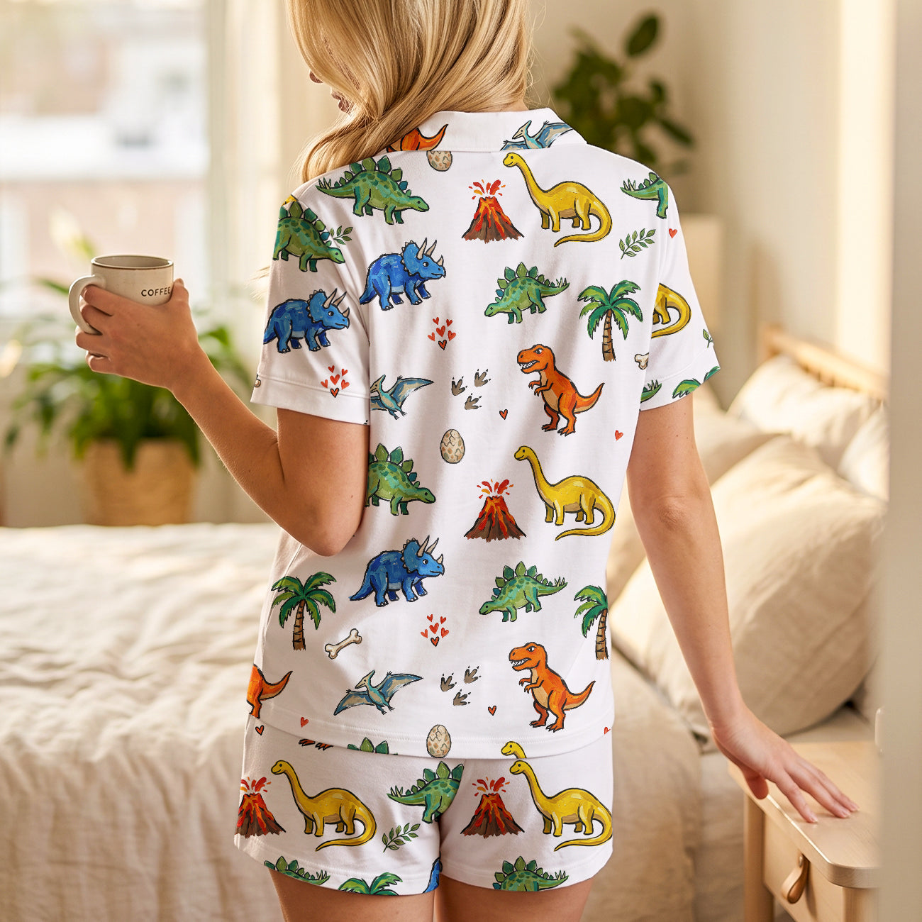 Dino World Pajama Set | Soft Cotton White Cartoon Dinosaur Sleepwear