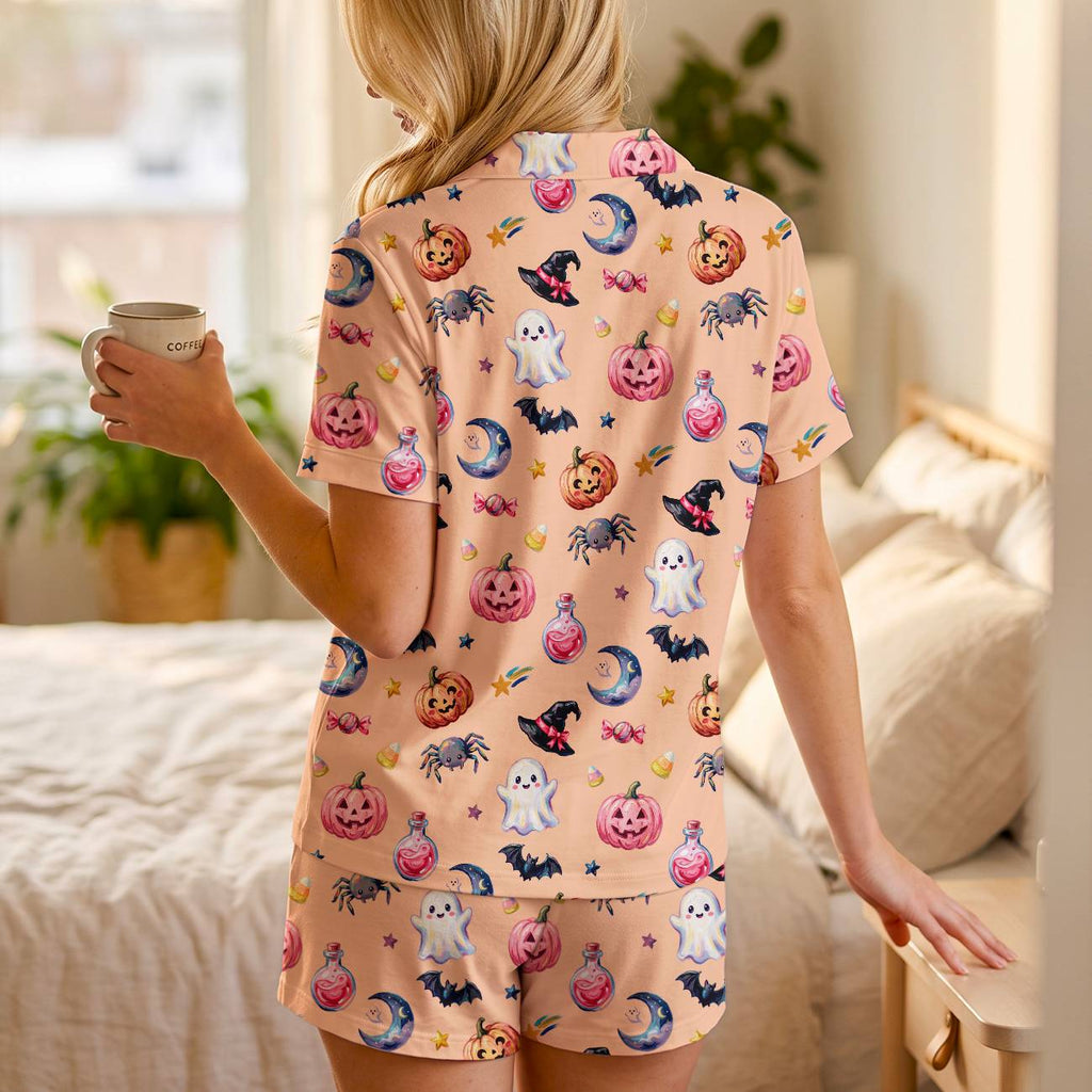 Cute Pastel Halloween Cotton Jersey Pajamas | Spooky Pink Pumpkin Shorts Set