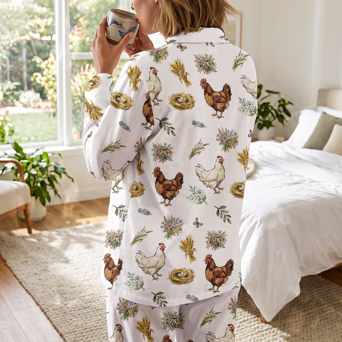 Cute Chicken Print Cotton Jersey Pajamas | Long Sleeve Farmhouse Pants Set S-5XL
