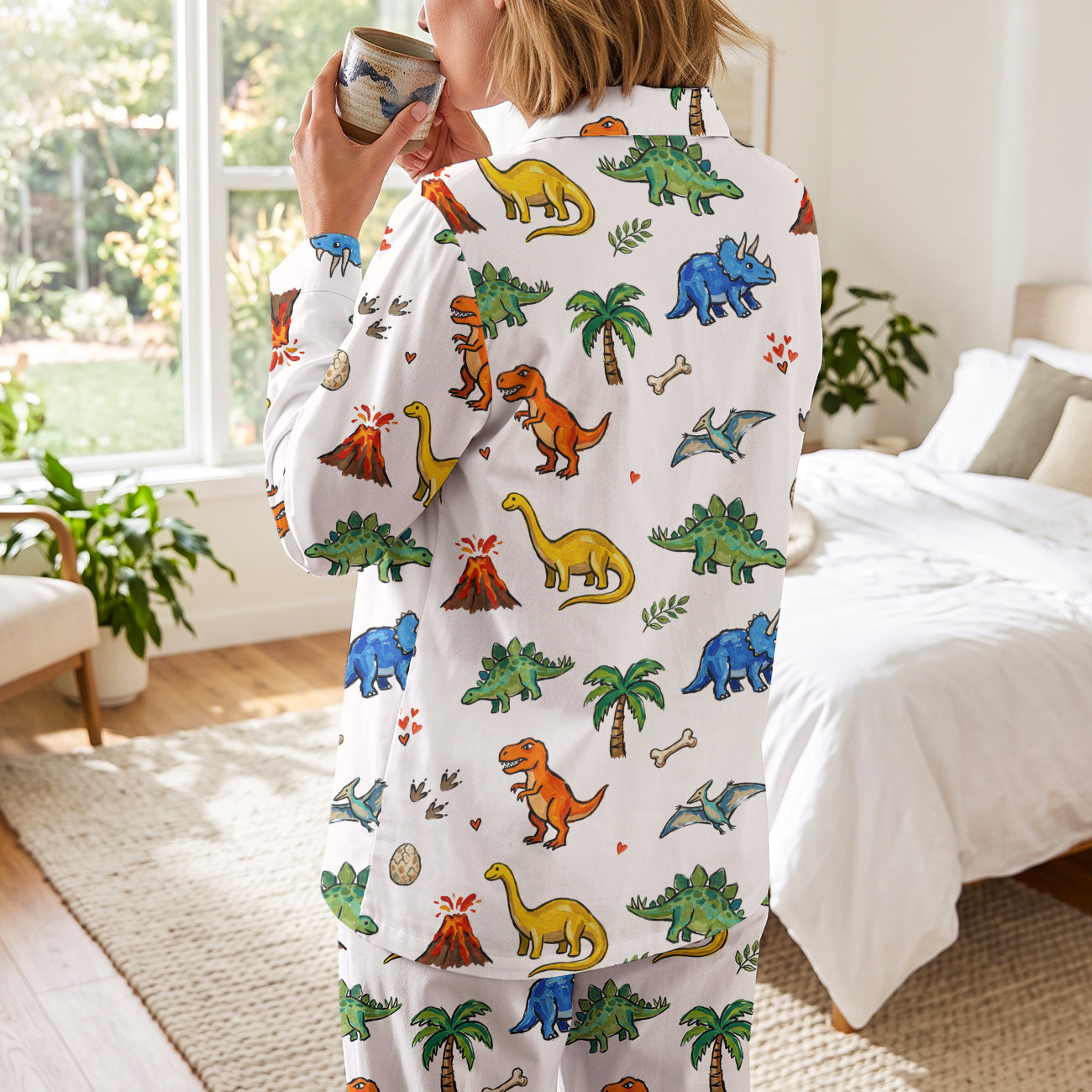 Dino World Pajama Set | Soft Cotton White Cartoon Dinosaur Long Sleepwear