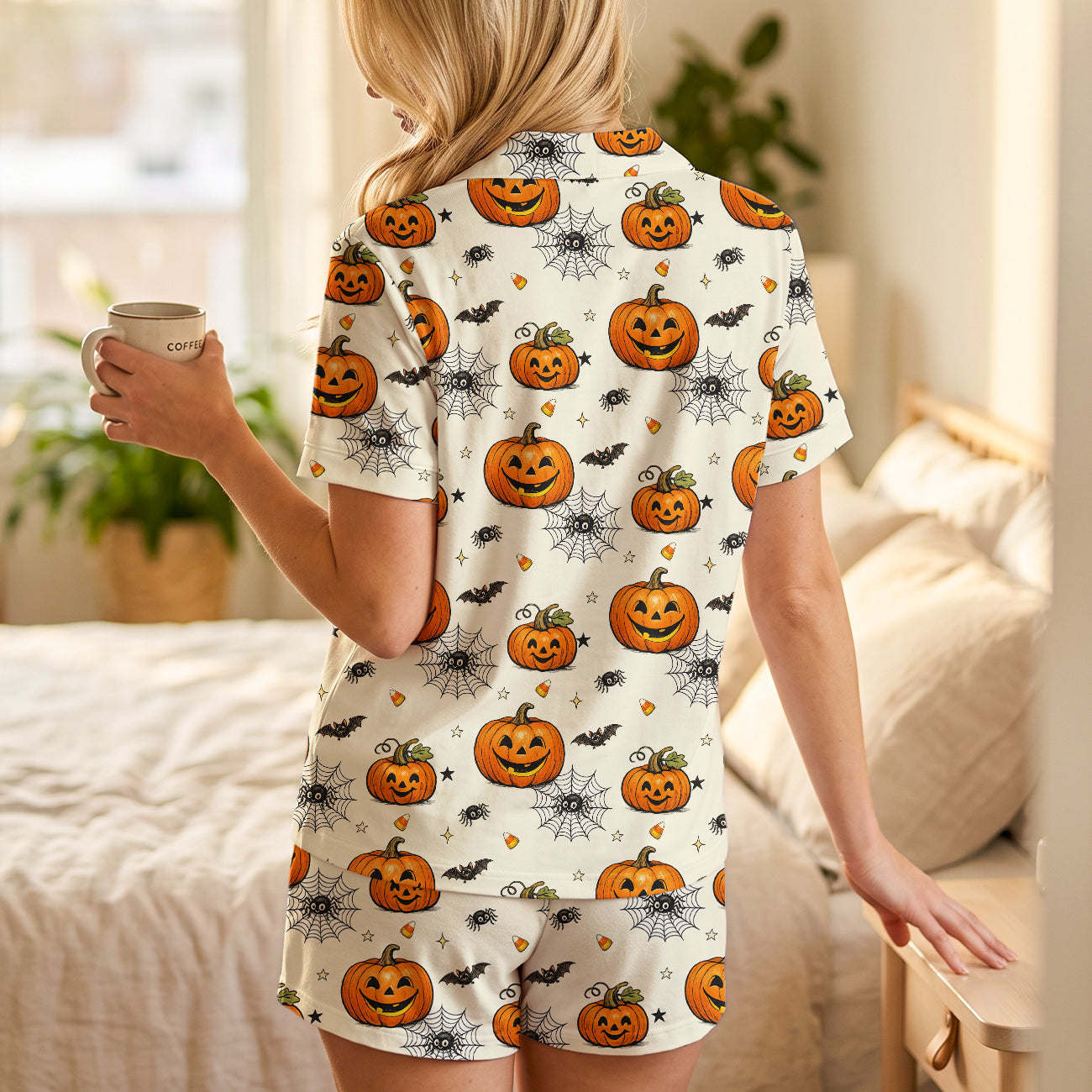 Spooky Jack-o'-Lantern Cream Pajama Set | Cozy Cotton Spiderweb Shorts Sleepwear