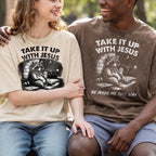 Grunge Raccoon Holding Bubble Tea Shirt, Take It Up With Jesus Tee (PB100926-5)