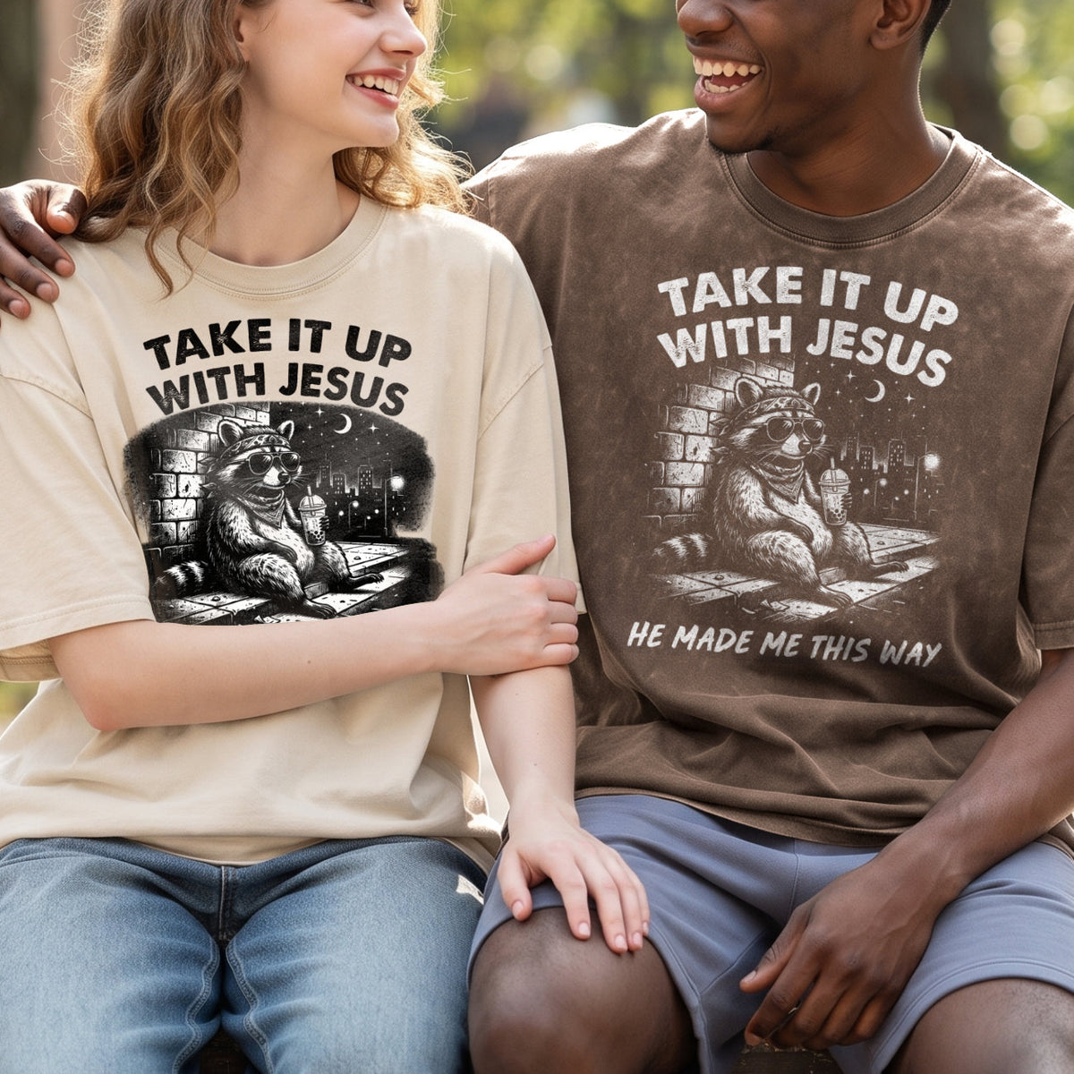 Grunge Raccoon Holding Bubble Tea Shirt, Take It Up With Jesus Tee (PB100926-5)
