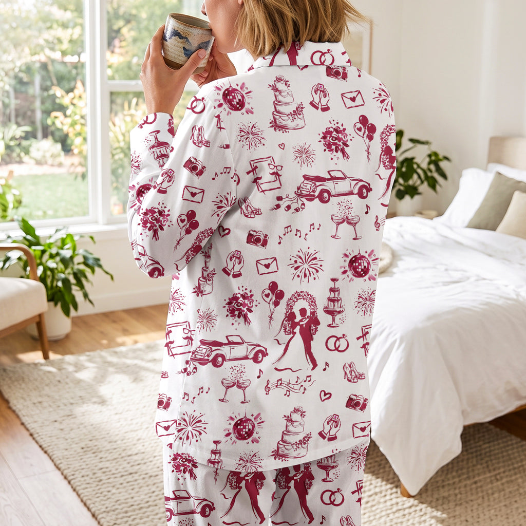 Burgundy Wedding Cotton Jersey Pajama Set | Long Sleeve Bridal PJs S-5XL
