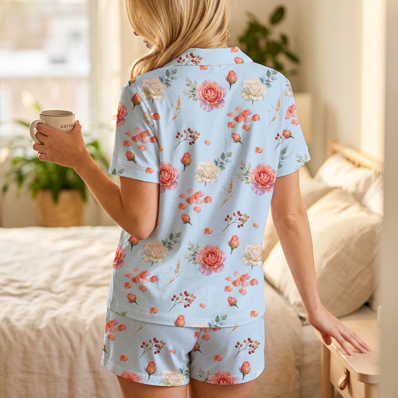 Light Blue Floral Cotton Jersey Pajamas | Short Sleeve Rose Print Shorts Set