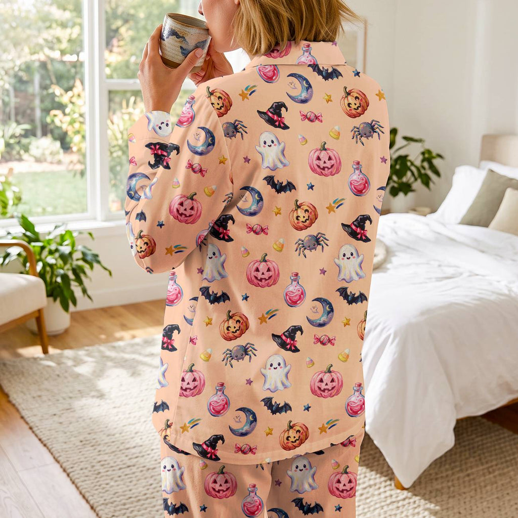 Cute Pastel Halloween Cotton Jersey Pajamas | Spooky Pink Pumpkin Pants Set S-5XL