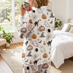 Cozy Cream Halloween Pajamas | Playful Pumpkin & Black Cat Long Sleepwear